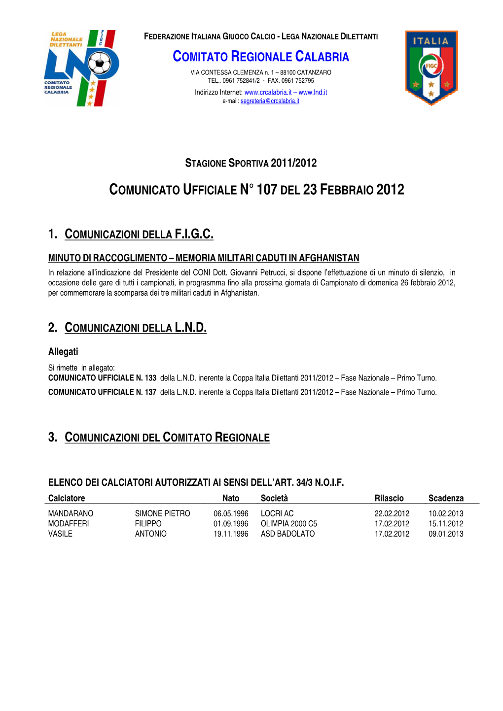 Comunicato Ufficiale N° 107 Del 23Febbraio 2012