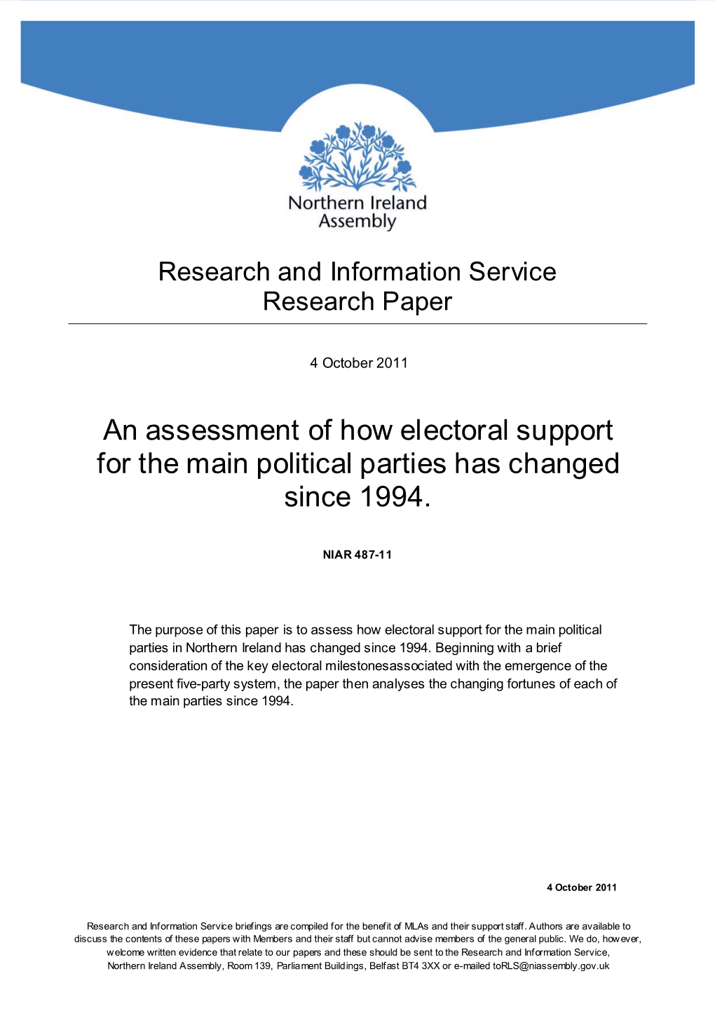 An Assessment of How Electoral Support for the Main Political Parties Has Changed Since 1994