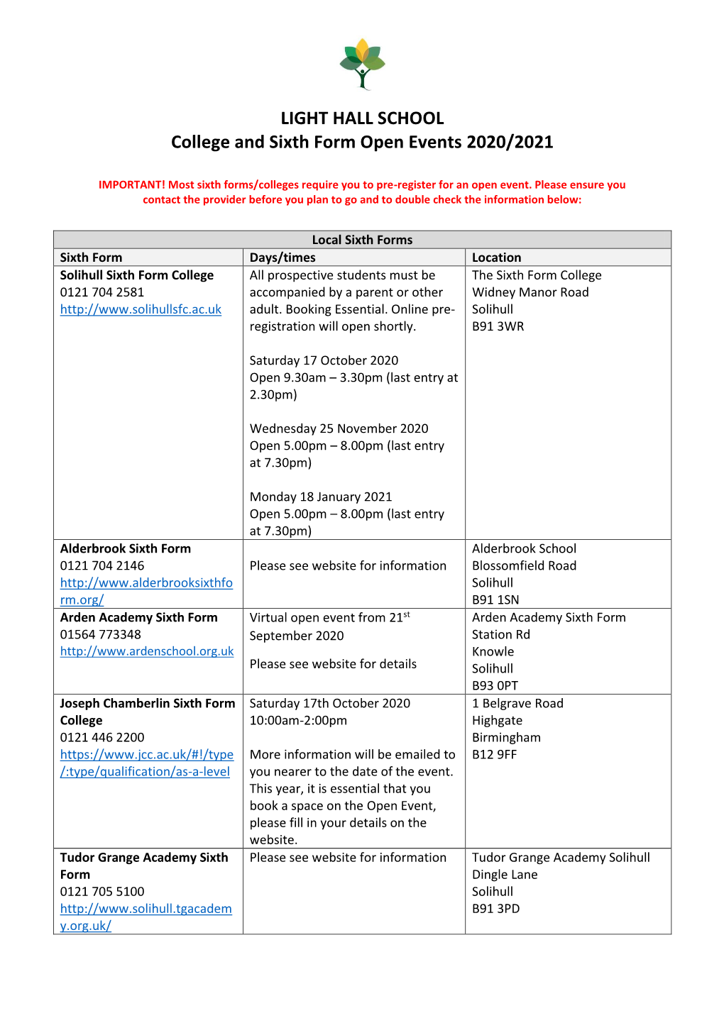 LIGHT HALL SCHOOL College and Sixth Form Open Events 2020/2021