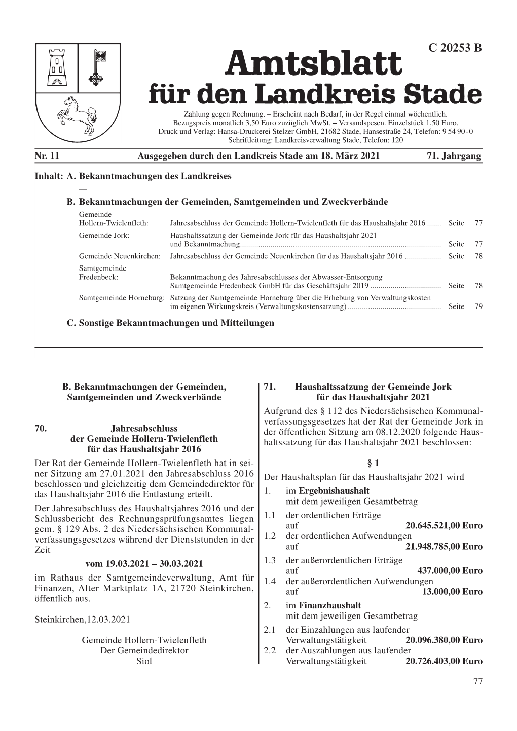 77 Nr. 11 Ausgegeben Durch Den Landkreis Stade Am 18. März 2021