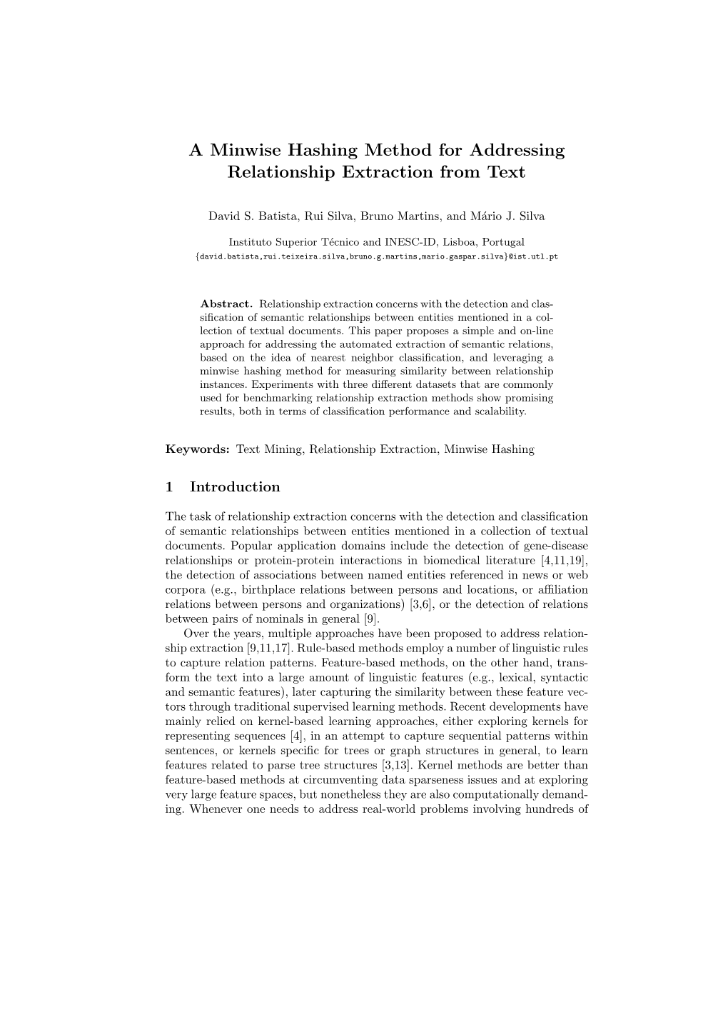 A Minwise Hashing Method for Addressing Relationship Extraction from Text