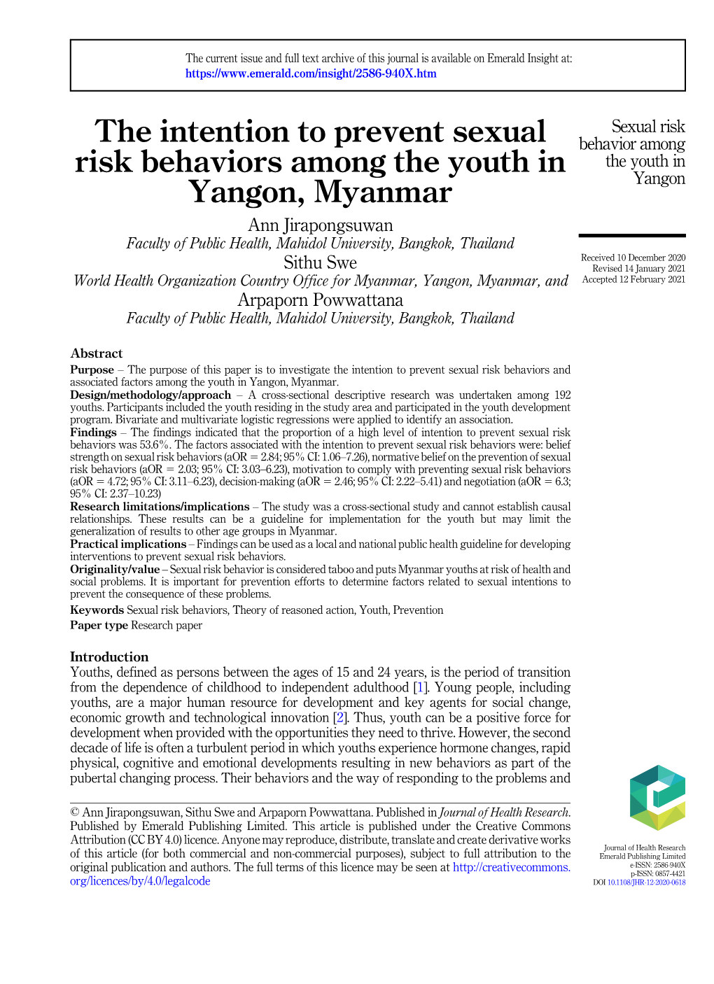 The Intention to Prevent Sexual Risk Behaviors Among the Youth In