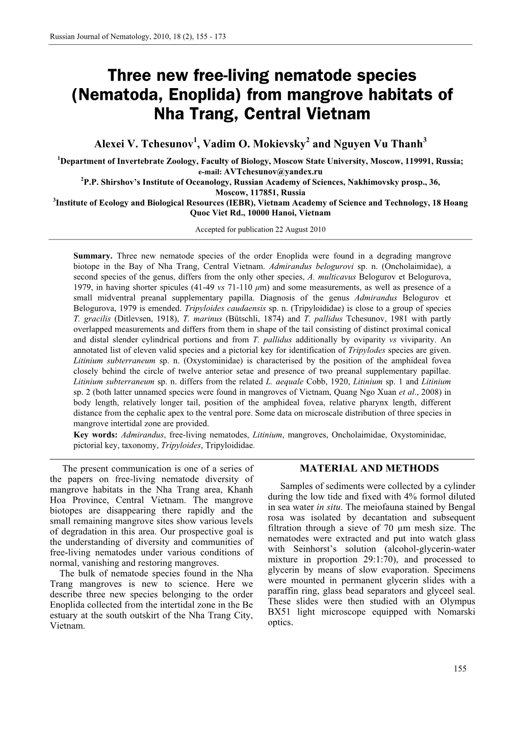 Three New Free-Living Nematode Species (Nematoda, Enoplida) from Mangrove Habitats of Nha Trang, Central Vietnam