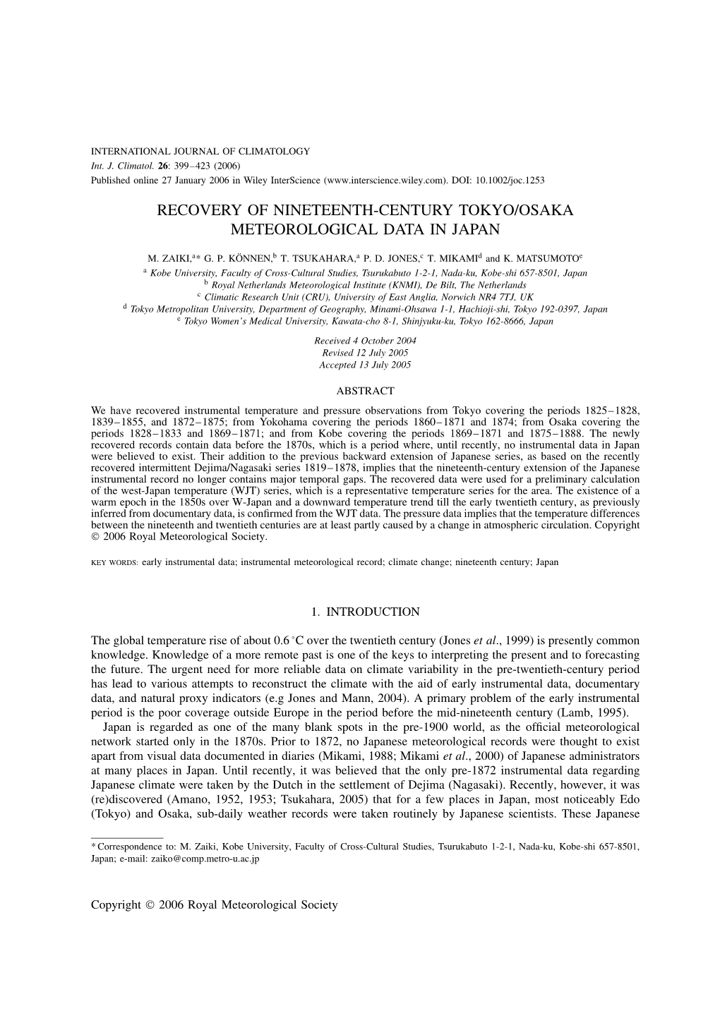 Recovery of Nineteenth-Century Tokyo/Osaka Meteorological Data in Japan