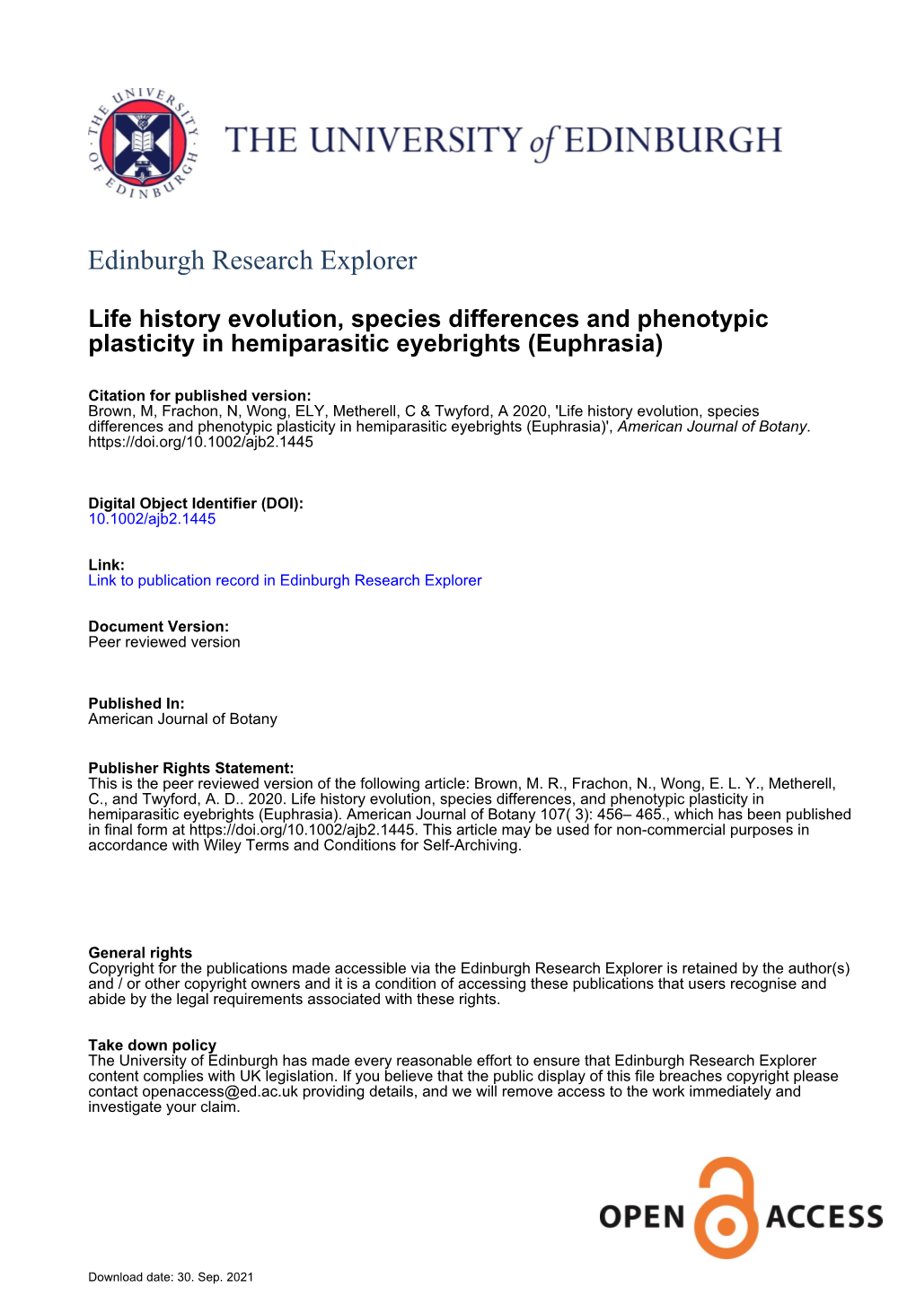 Life History Evolution, Species Differences and Phenotypic Plasticity in Hemiparasitic Eyebrights (Euphrasia)