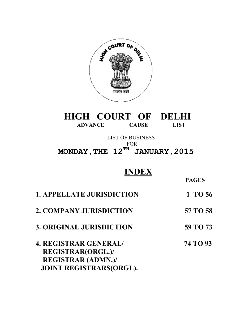 High Court of Delhi Advance Cause List