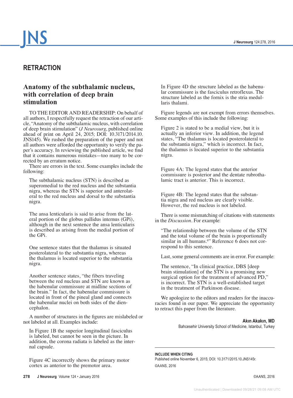 RETRACTION Anatomy of the Subthalamic Nucleus, with Correlation of Deep Brain Stimulation