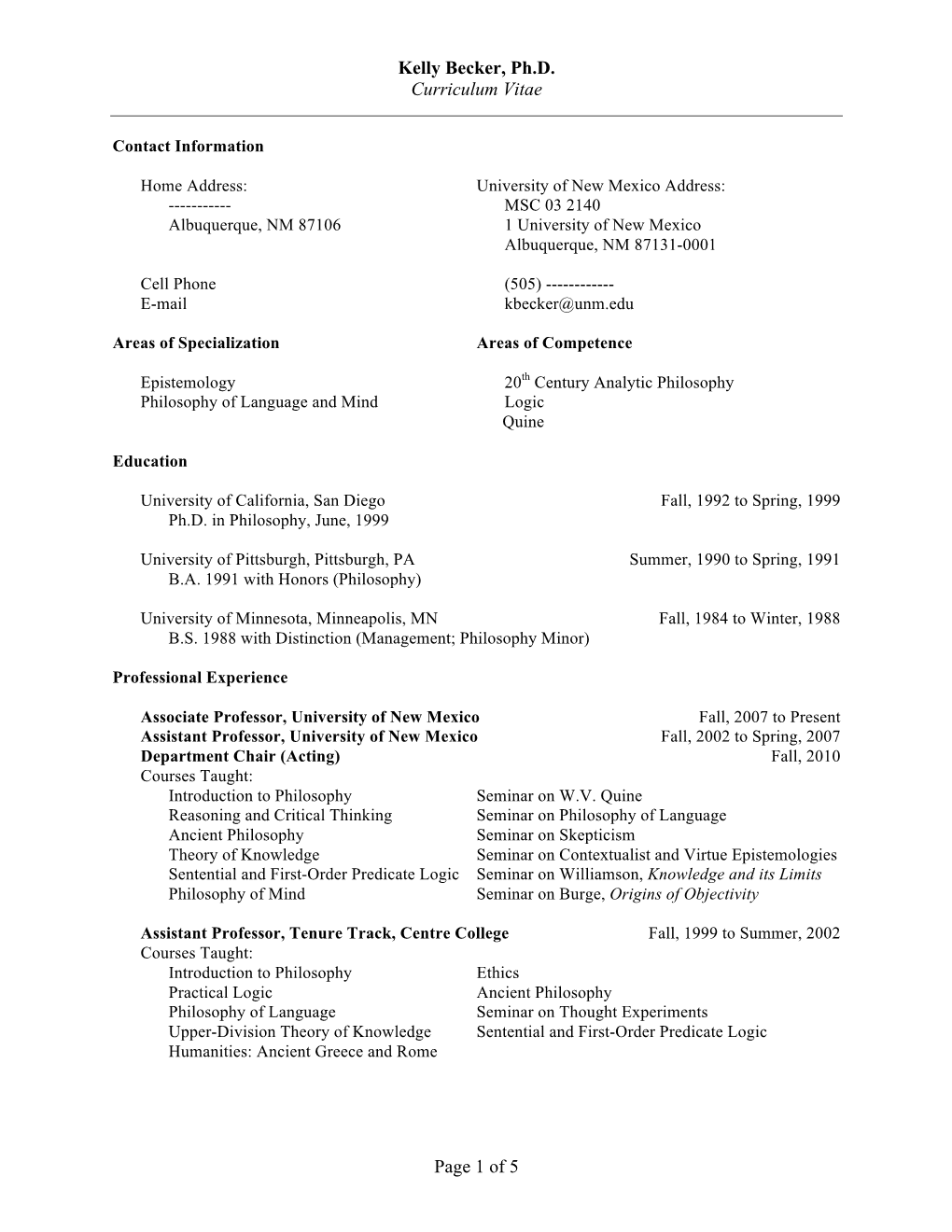 Kelly Becker, Ph.D. Curriculum Vitae Page 1 of 5