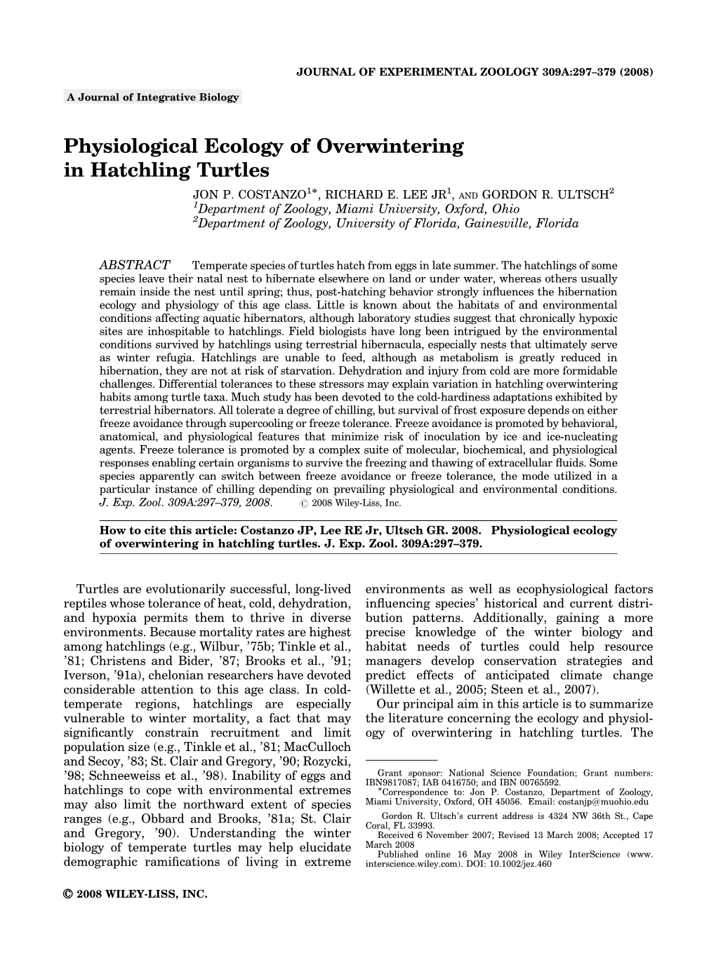 Physiological Ecology of Overwintering in Hatchling Turtles 1Ã 1 2 JON P