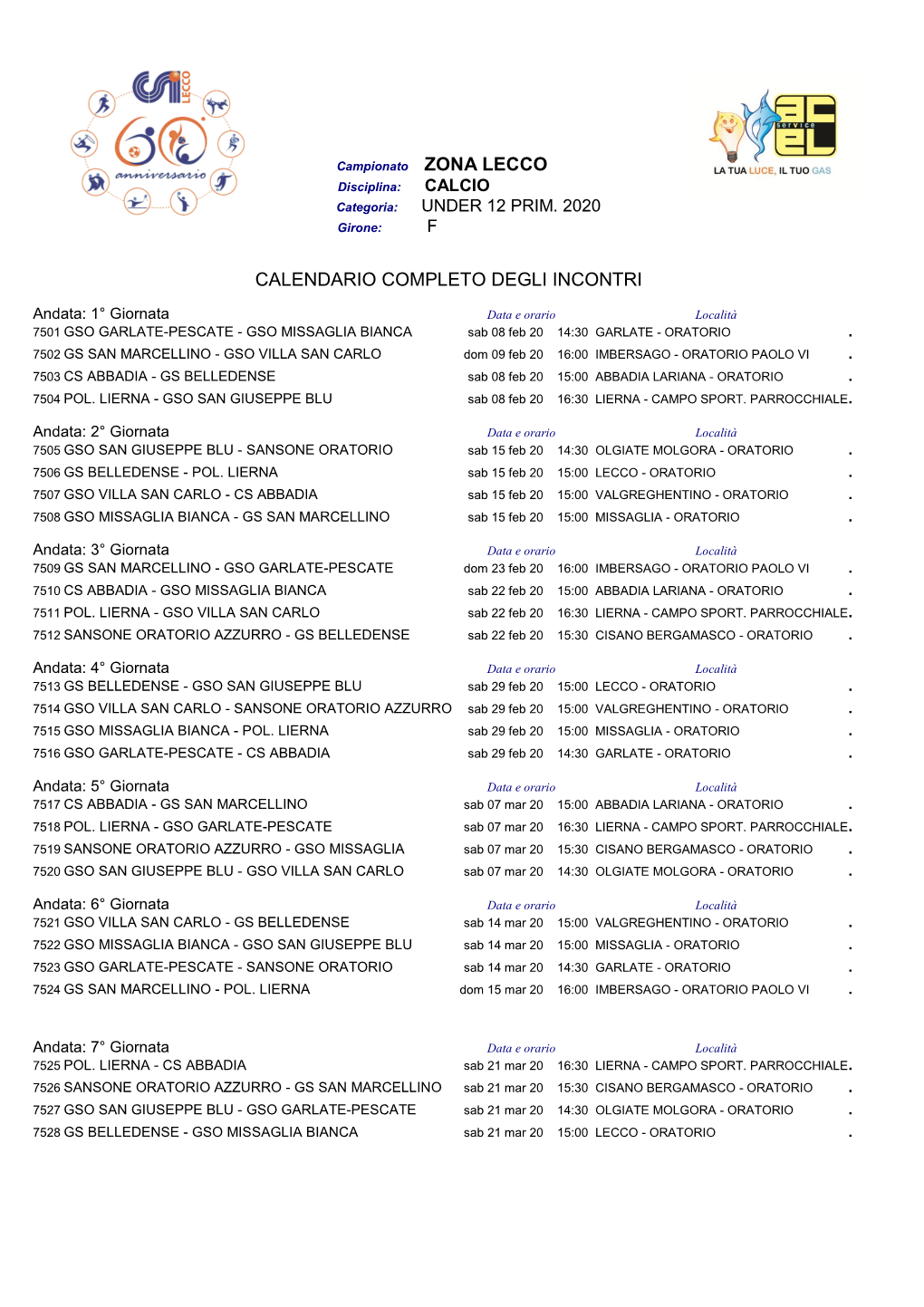 Zona Lecco Calendario Completo Degli Incontri