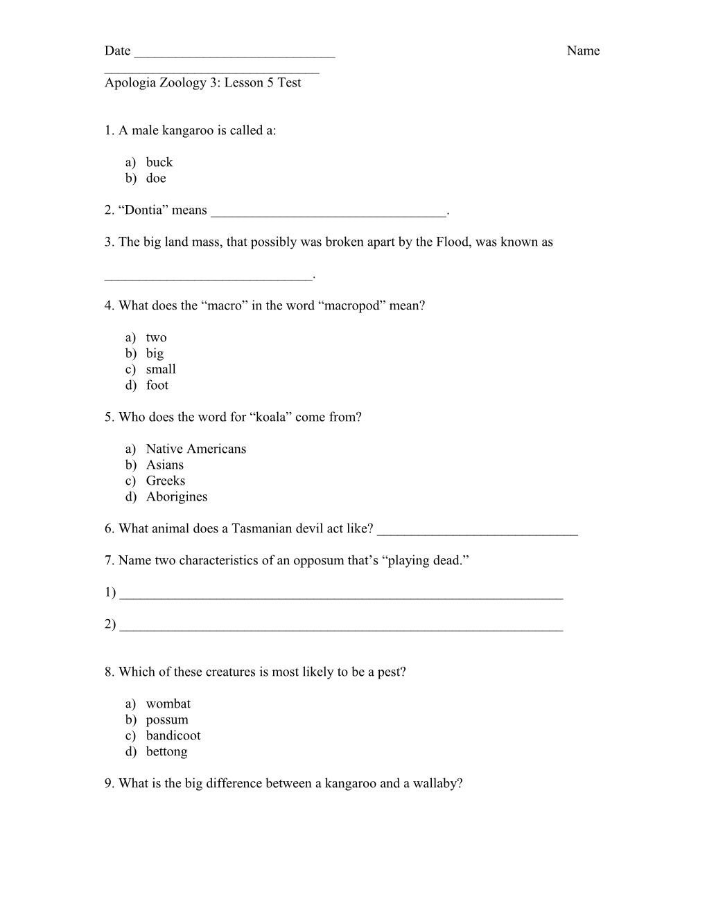 Apologia Zoology 3: Lesson 5 Test