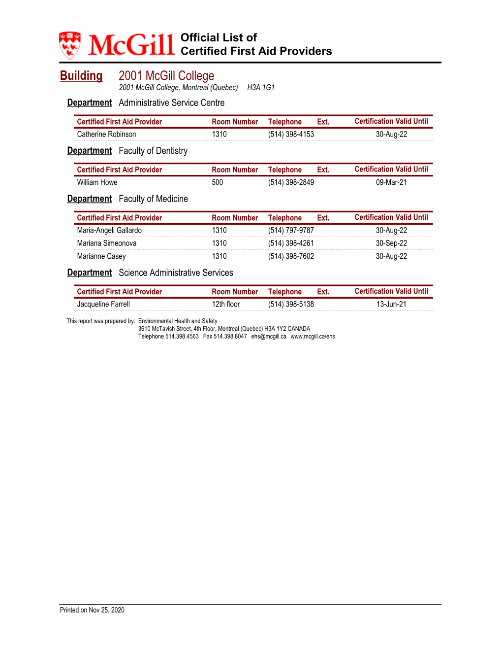 Official List of Certified First Aid Providers Building 2001 Mcgill College 2001 Mcgill College, Montreal (Quebec) H3A 1G1 Department Administrative Service Centre