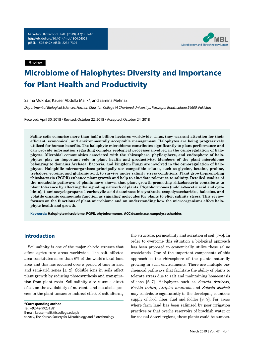 Microbiome of Halophytes: Diversity and Importance for Plant Health and Productivity