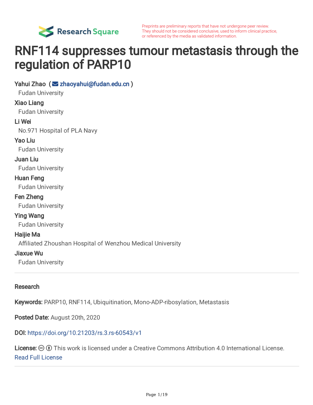 RNF114 Suppresses Tumour Metastasis Through the Regulation of PARP10