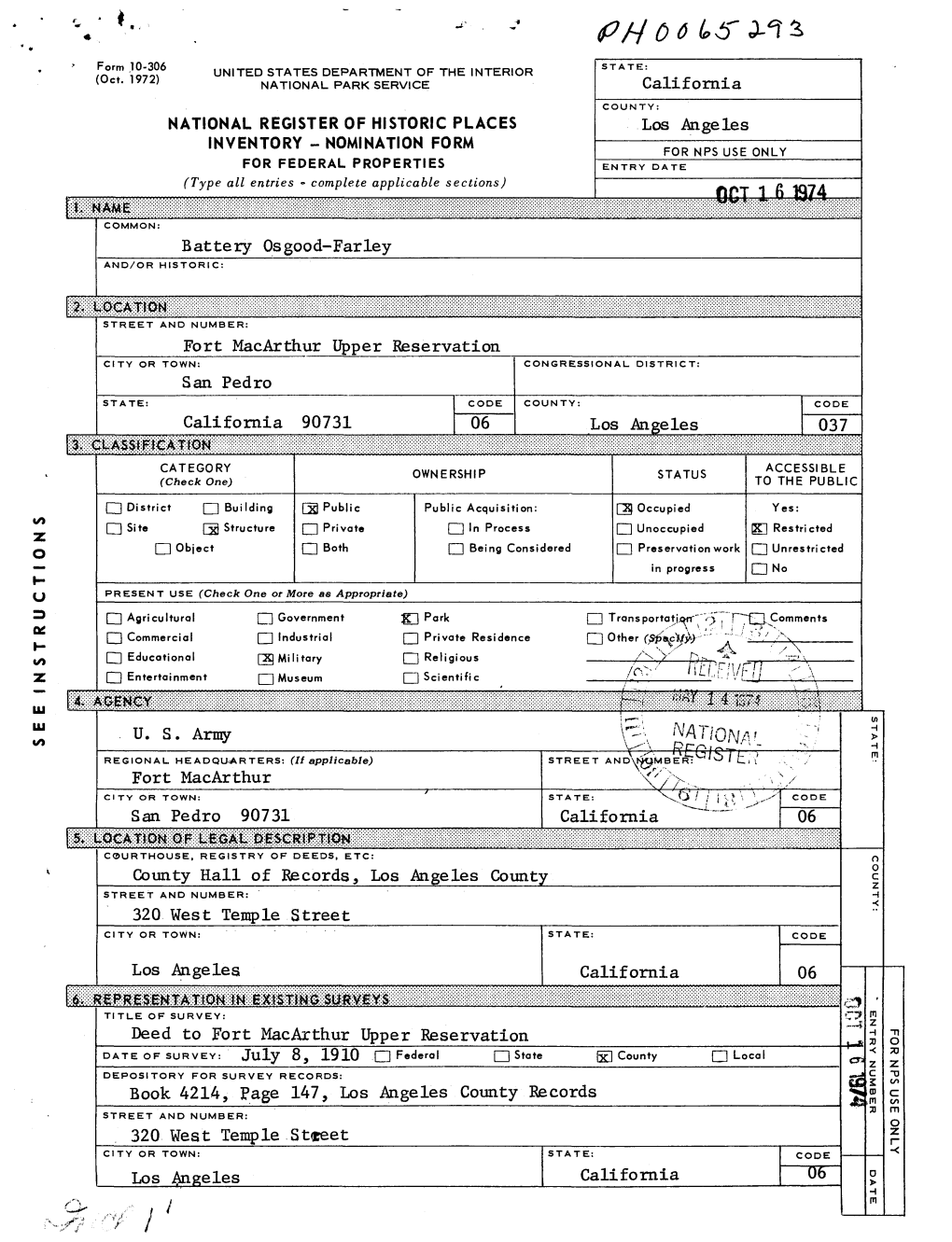 Iiilll$Lillfiiiiili;^^ STREET and NUMBER: Fort Macarthur Upper Reservation CITY OR TOWN: CONGR ESSIONAL DISTRICT: San Pedro