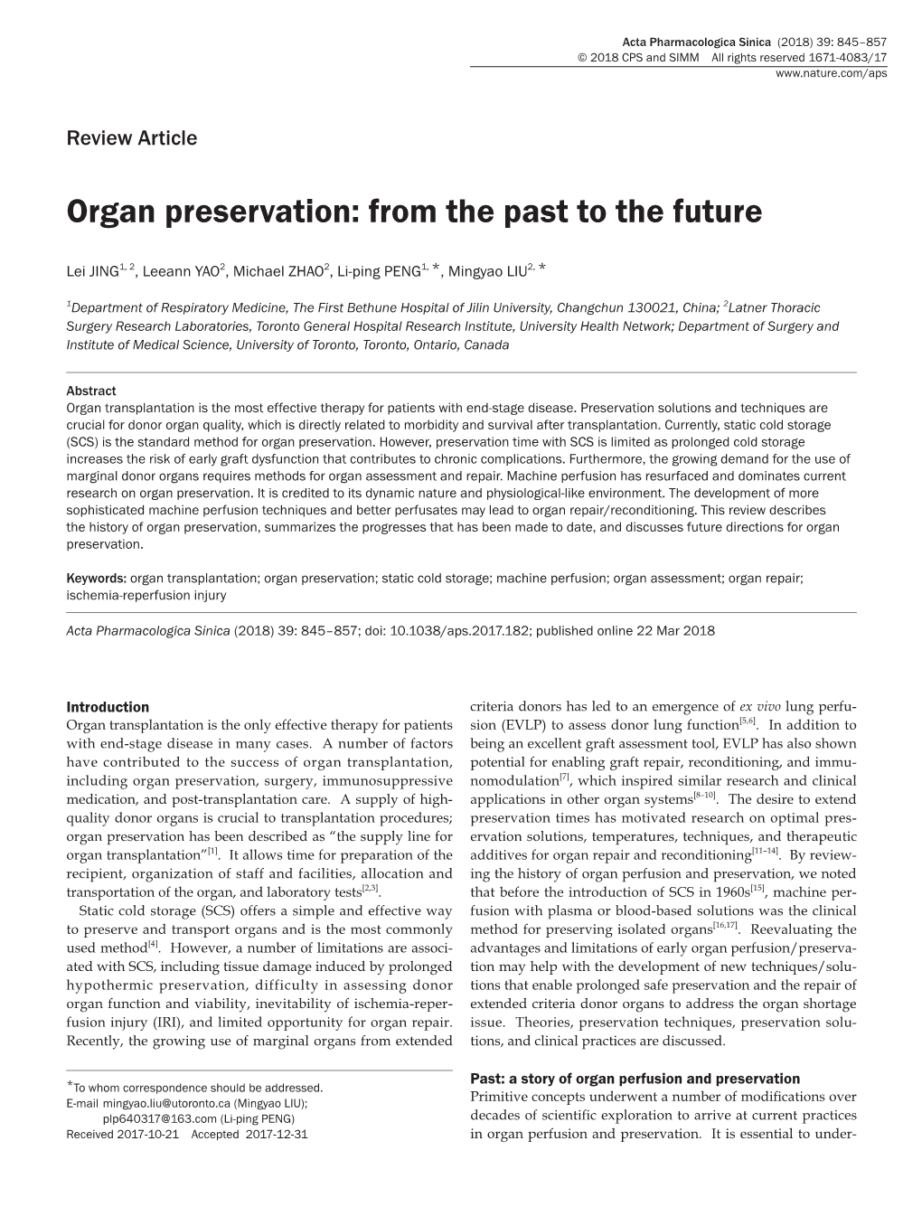 Organ Preservation: from the Past to the Future