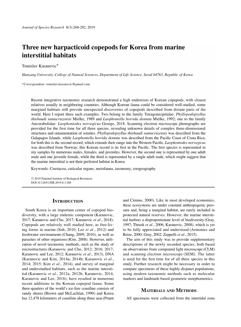 Three New Harpacticoid Copepods for Korea from Marine Interstitial Habitats