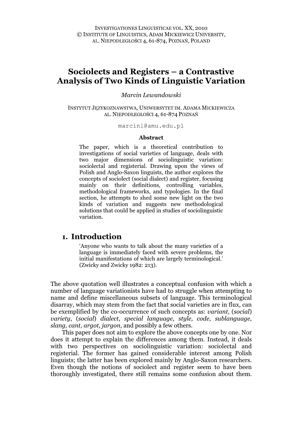 Sociolects and Registers – a Contrastive Analysis of Two Kinds of Linguistic Variation