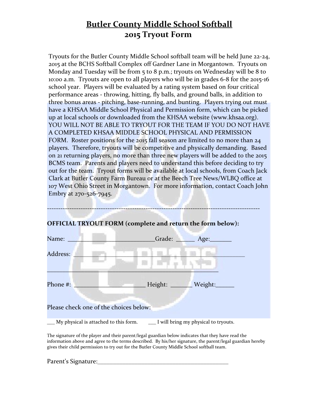 Butler County High School Softball / 2008 / Tryout Form