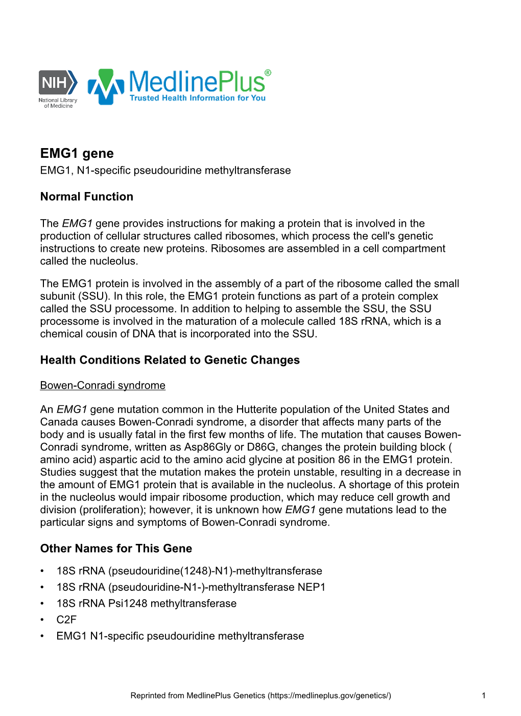 EMG1 Gene EMG1, N1-Specific Pseudouridine Methyltransferase