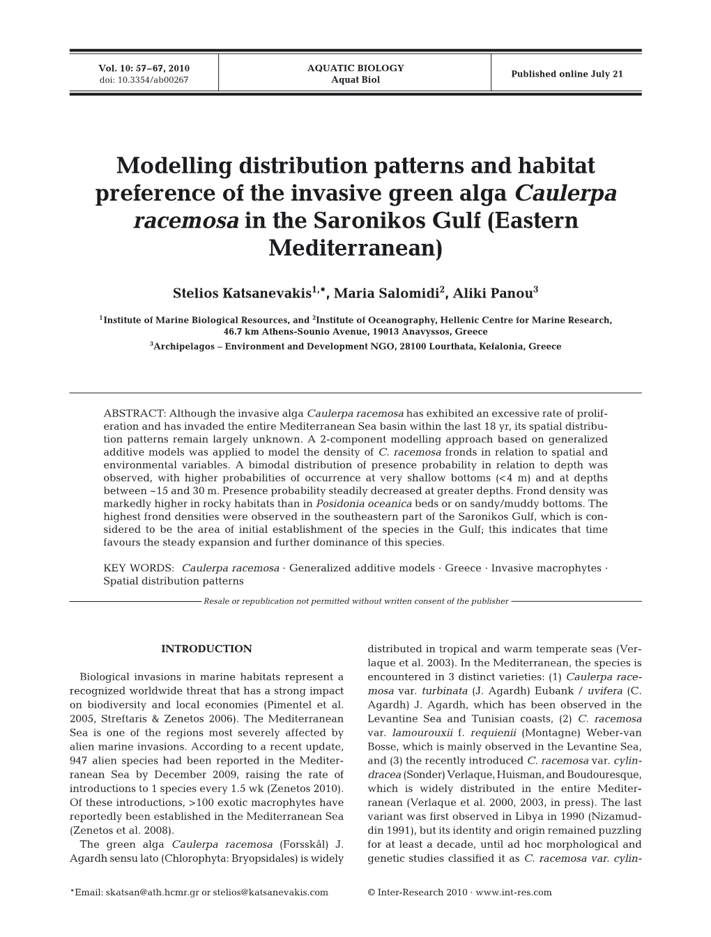 Modelling Distribution Patterns and Habitat Preference of the Invasive Green Alga Caulerpa Racemosa in the Saronikos Gulf (Eastern Mediterranean)