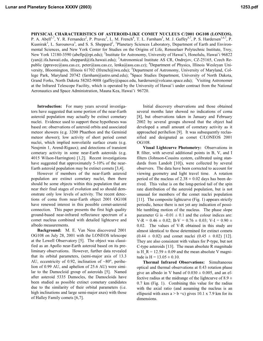 Physical Characteristics of Asteroid-Like Comet Nucleus C/2001 Og108 (Loneos)