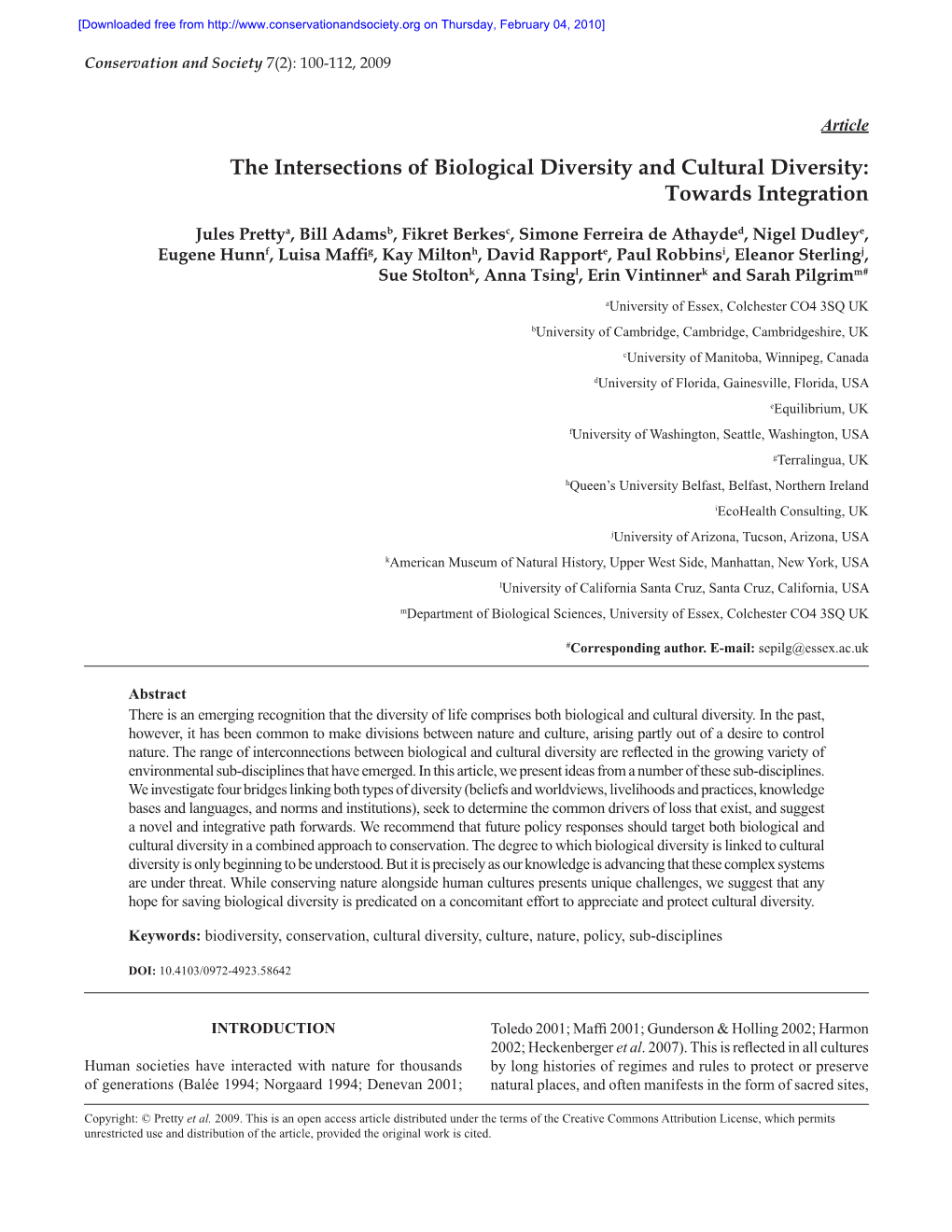 The Intersections of Biological Diversity and Cultural Diversity: Towards Integration