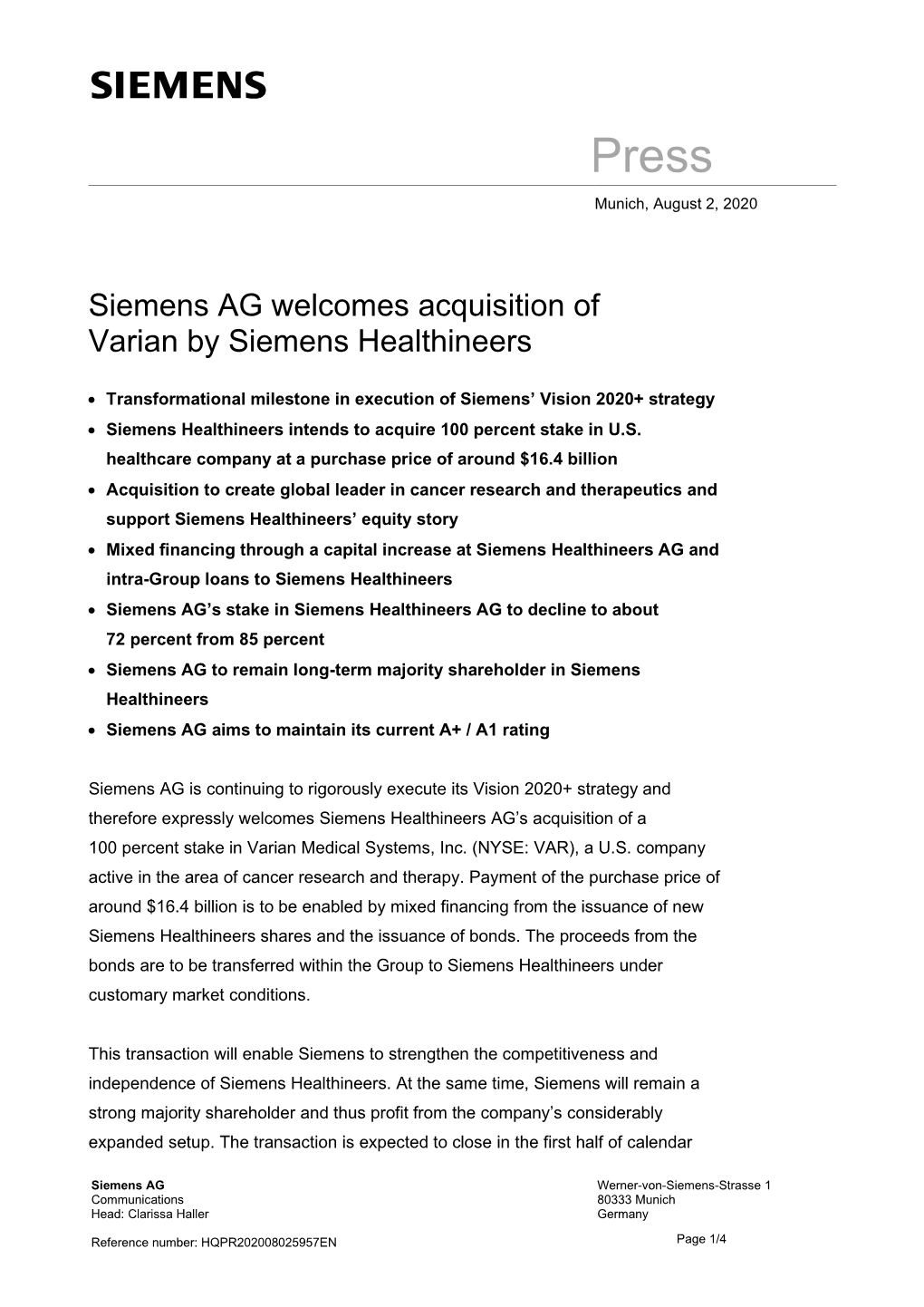 Siemens AG Welcomes Acquisition of Varian by Siemens Healthineers