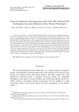 Source Investigation and Comparison of the 1939, 1946, 1949 and 1965 Earthquakes, Cascadia Subduction Zone, Western Washington