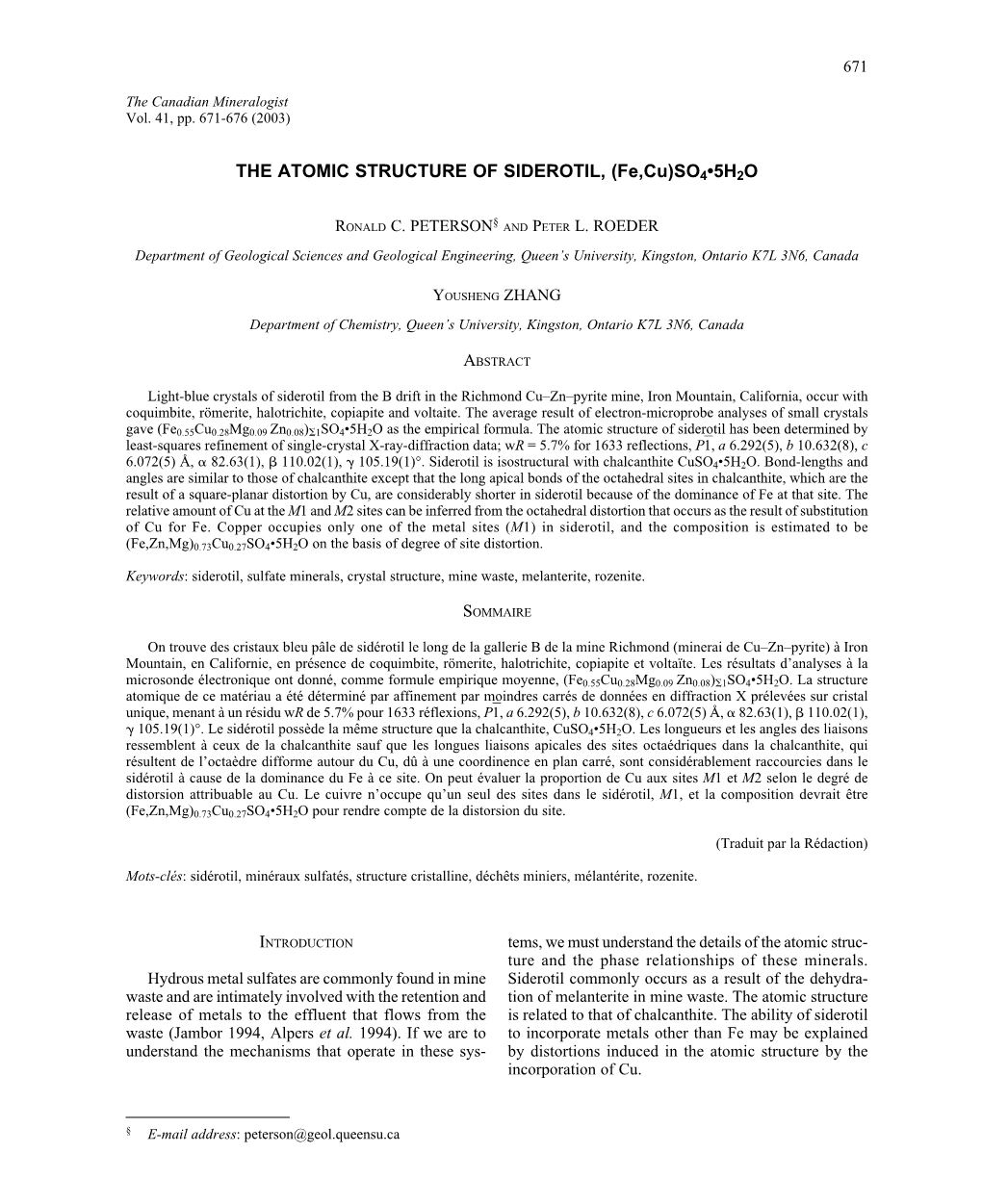 THE ATOMIC STRUCTURE of SIDEROTIL, (Fe,Cu)SO4¥5H2O