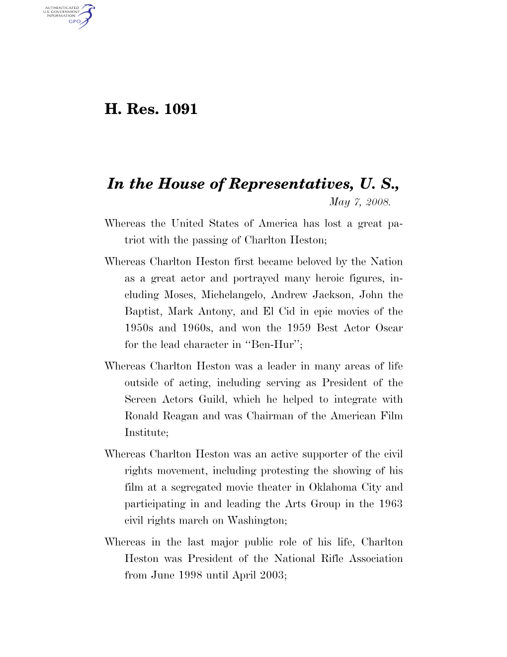 H. Res. 1091 in the House of Representatives, U