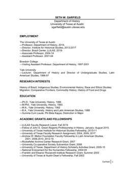 SETH W. GARFIELD Department of History University of Texas at Austin Sgarfield@Austin.Utexas.Edu