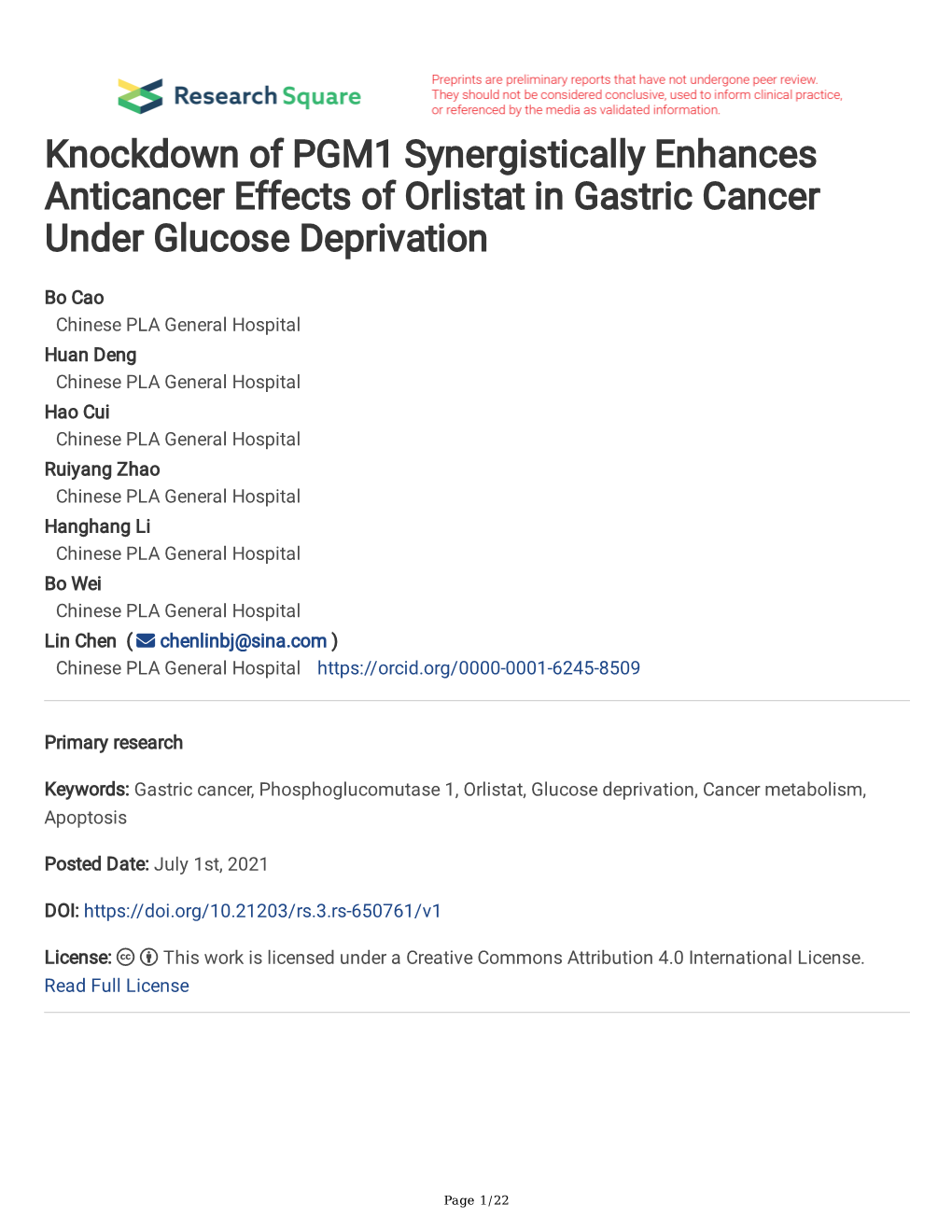Knockdown of PGM1 Synergistically Enhances Anticancer Effects of Orlistat in Gastric Cancer Under Glucose Deprivation