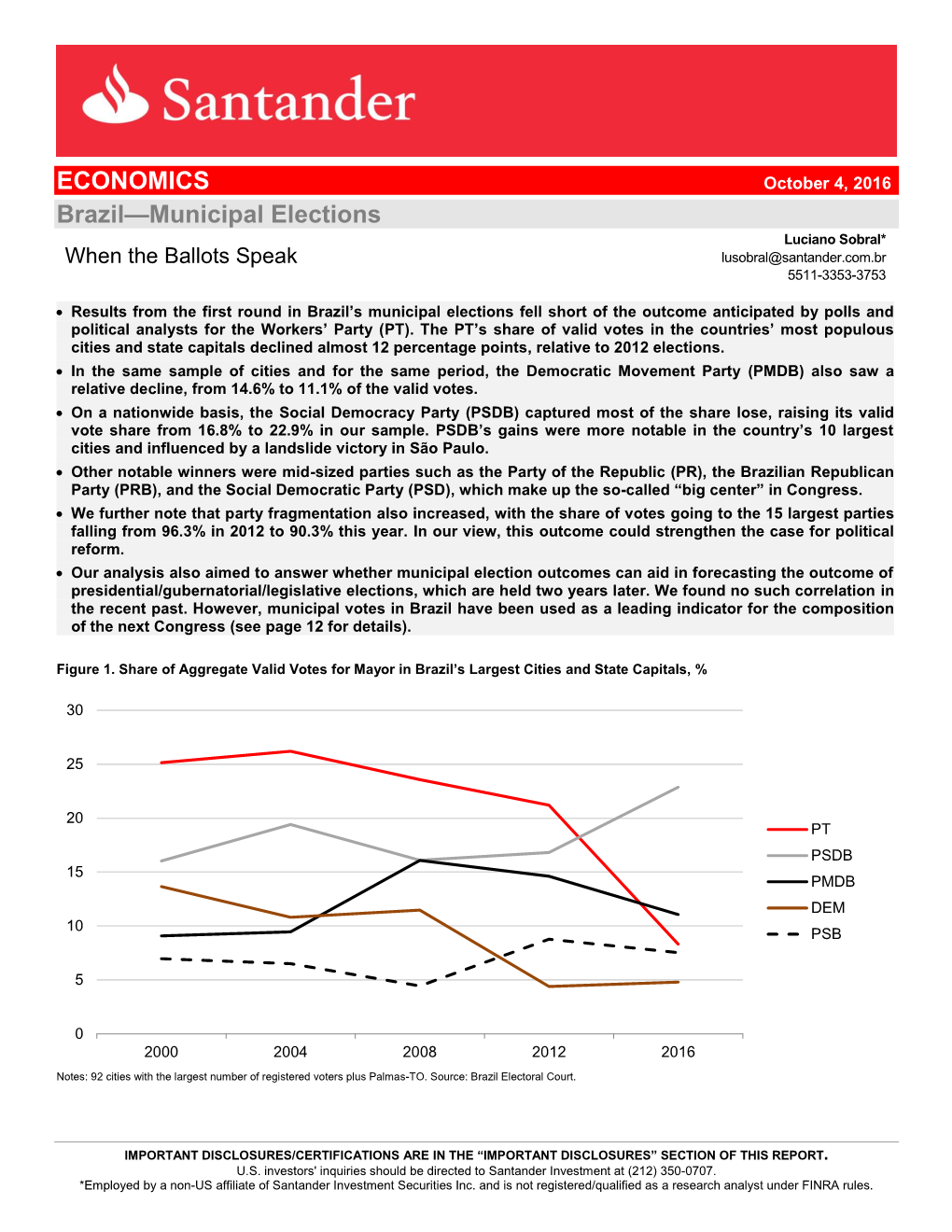 Brazil—Municipal Elections Luciano Sobral* When the Ballots Speak Lusobral@Santander.Com.Br 5511-3353-3753