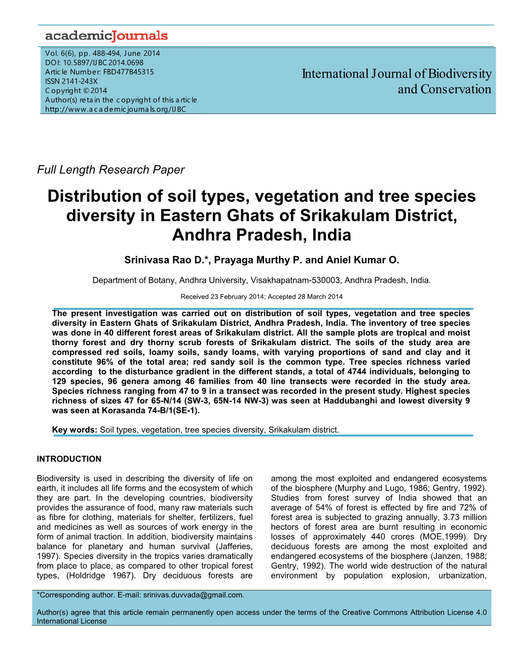 Distribution of Soil Types, Vegetation and Tree Species Diversity in Eastern Ghats of Srikakulam District, Andhra Pradesh, India