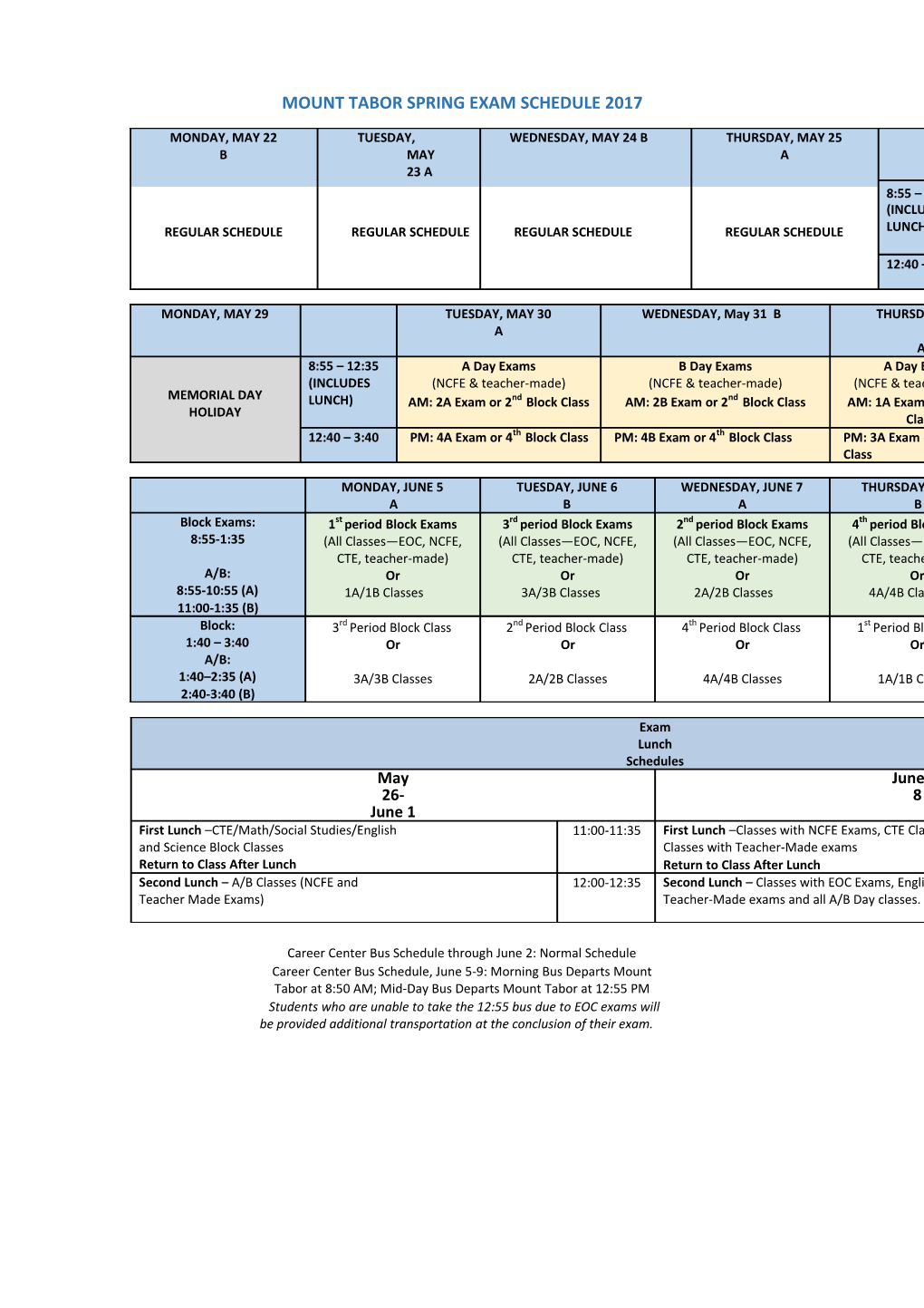 Mount Tabor Spring Exam Schedule 2017