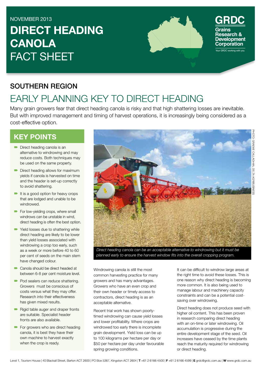 Direct Heading Canola FACT SHEET