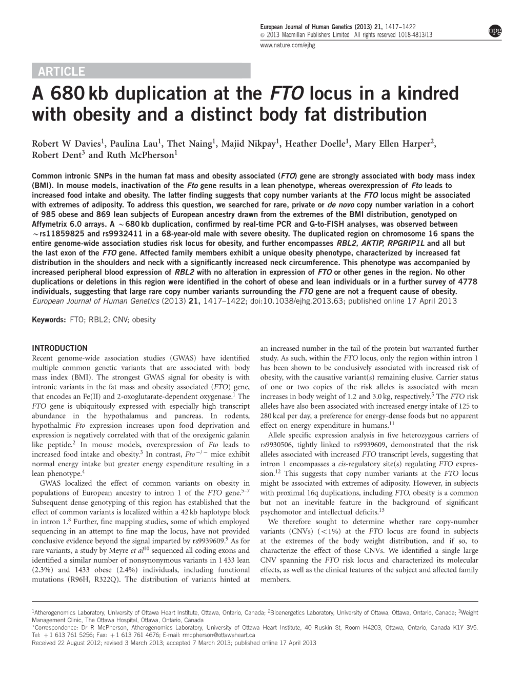 Kb Duplication at the FTO Locus in a Kindred with Obesity and a Distinct Body Fat Distribution