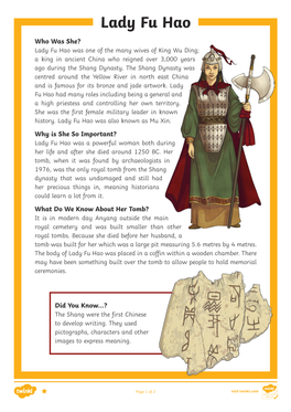 Lady Fu Hao Who Was She? Lady Fu Hao Was One of the Many Wives of King Wu Ding; a King in Ancient China Who Reigned Over 3,000 Years Ago During the Shang Dynasty