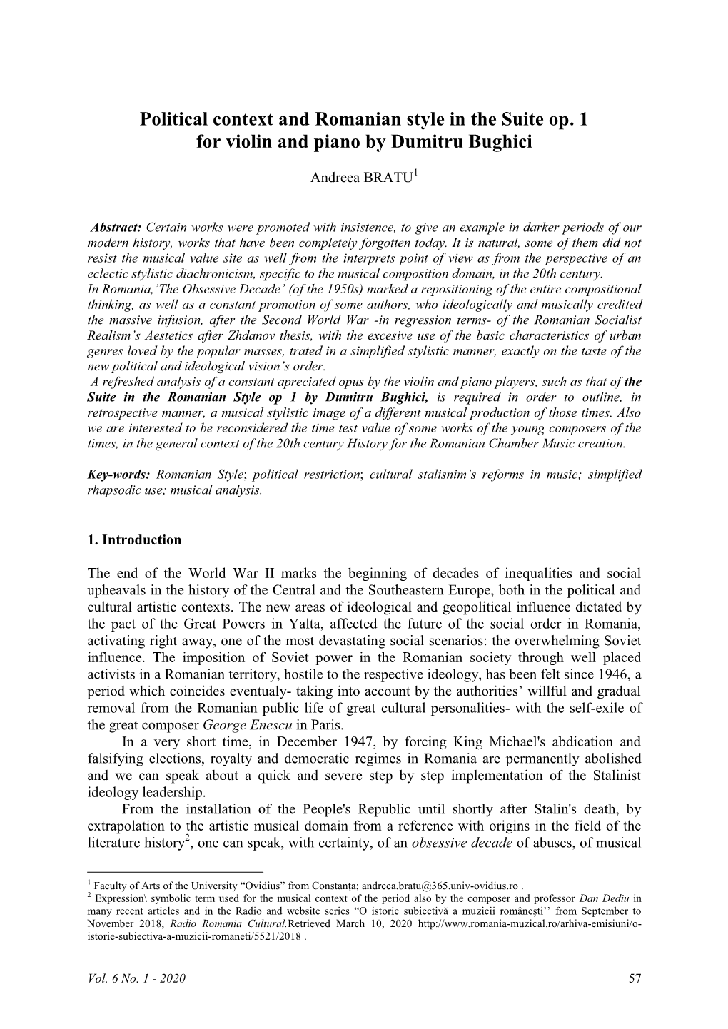 Political Context and Romanian Style in the Suite Op. 1 for Violin and Piano by Dumitru Bughici