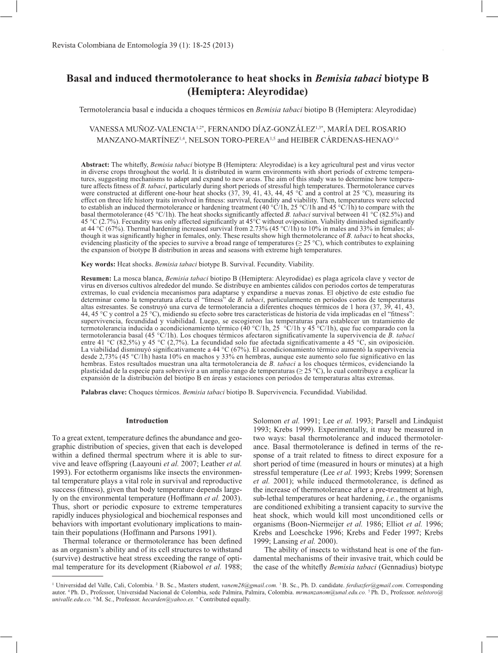 Basal and Induced Thermotolerance to Heat Shocks in Bemisia Tabaci Biotype B (Hemiptera: Aleyrodidae)