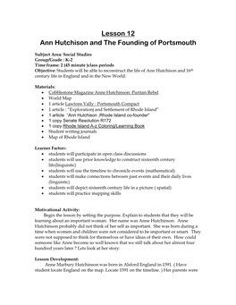 Lesson 12 Ann Hutchison and the Founding of Portsmouth