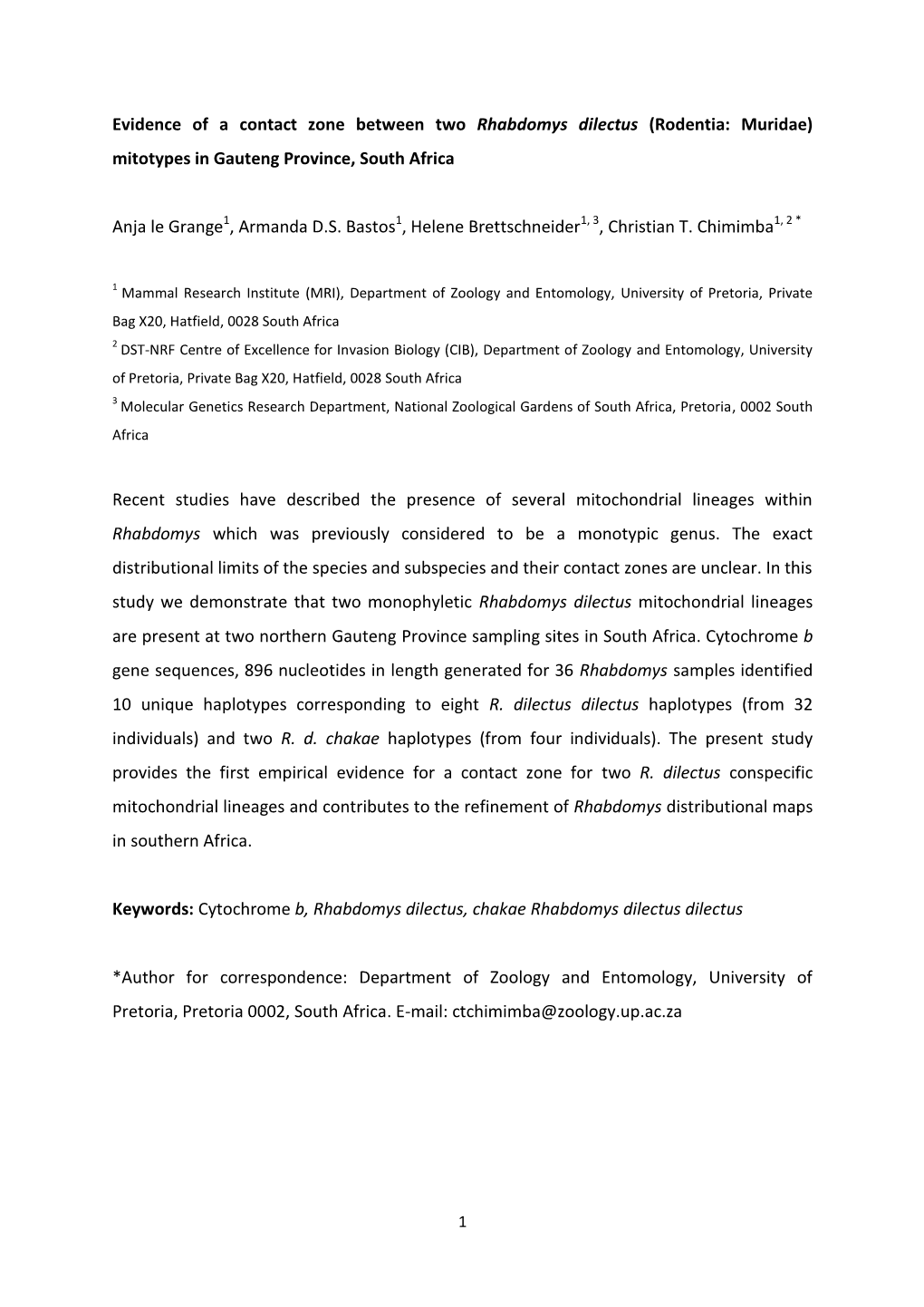 Evidence of a Contact Zone Between Two Rhabdomys Dilectus (Rodentia: Muridae) Mitotypes in Gauteng Province, South Africa