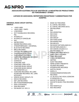 Asociación Guatemalteca De Gestión De La Industria De Productores De Fonogramas Y Afines Listado De Asociados, Repertorio Regi