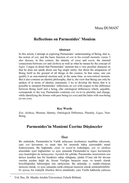 Reflections on Parmenides' Monism Parmenides'in Monizmi Üzerine