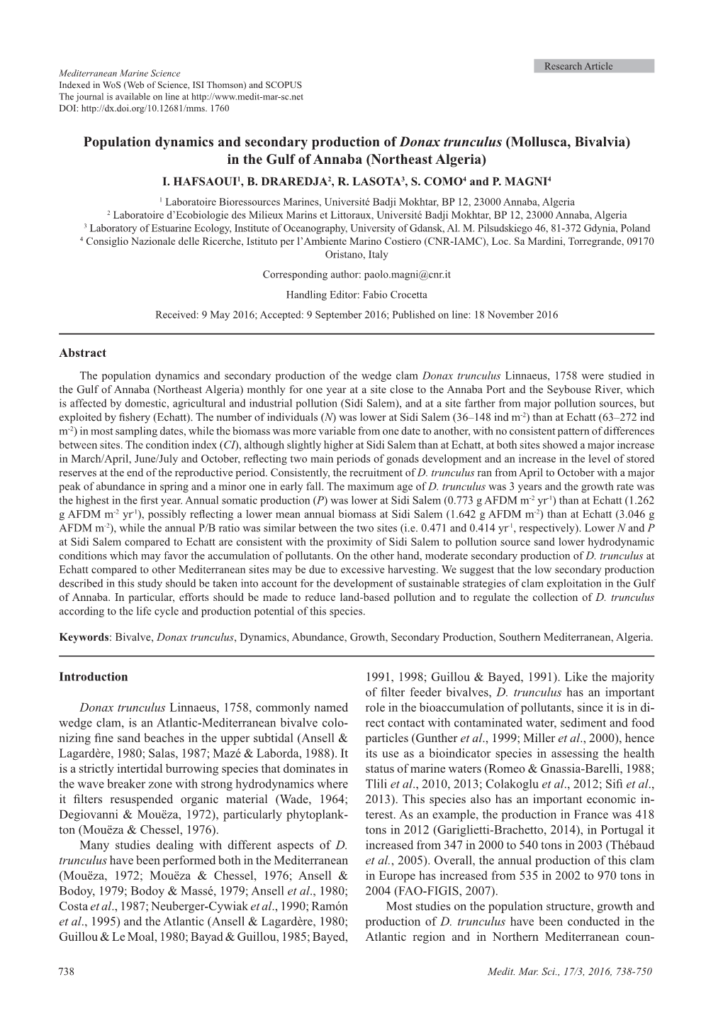 Population Dynamics and Secondary Production of Donax Trunculus (Mollusca, Bivalvia) in the Gulf of Annaba (Northeast Algeria) I