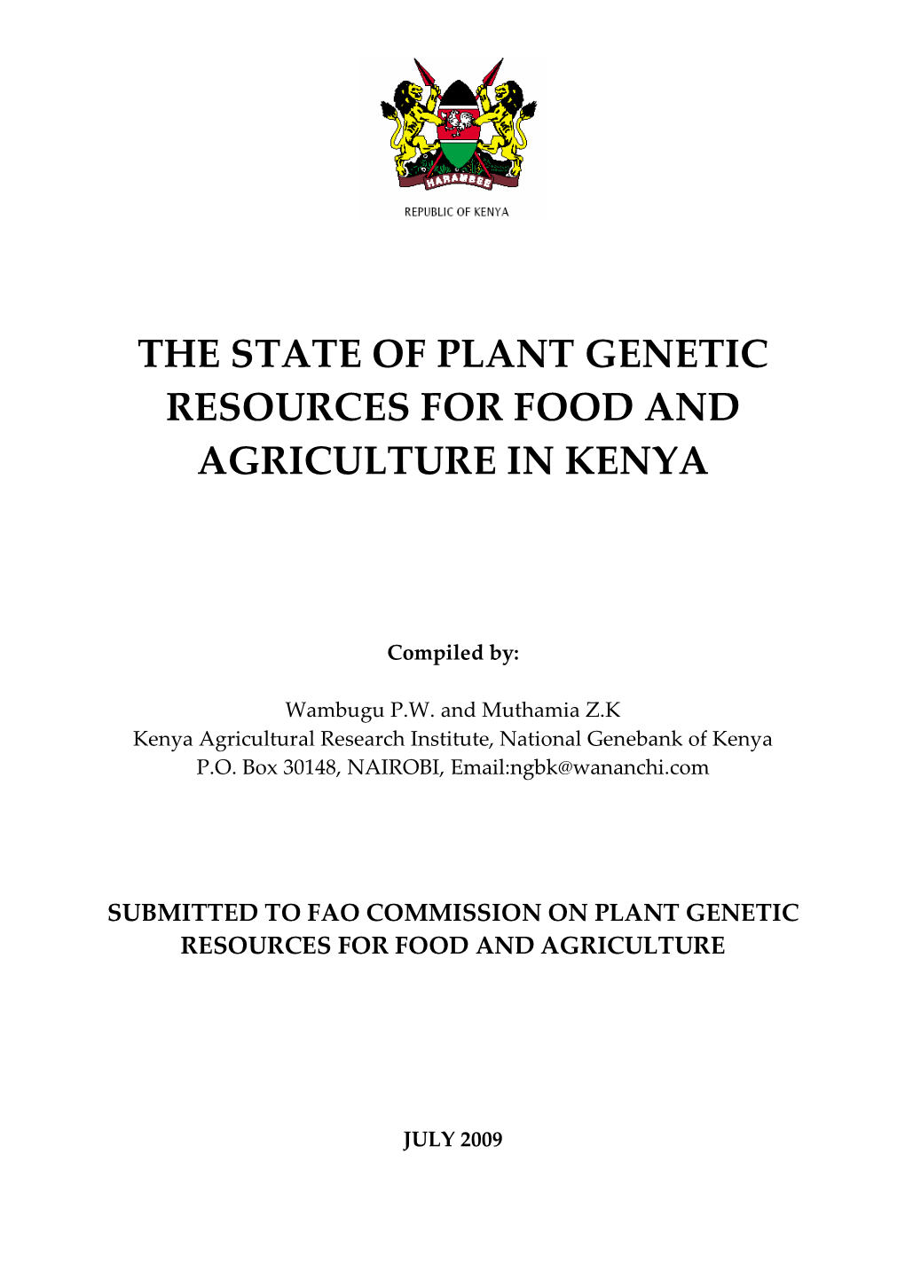 The State of Plant Genetic Resources for Food and Agriculture in Kenya