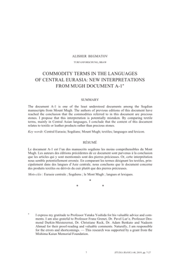 Commodity Terms in the Languages of Central Eurasia: New Interpretations from Mugh Document A-1*