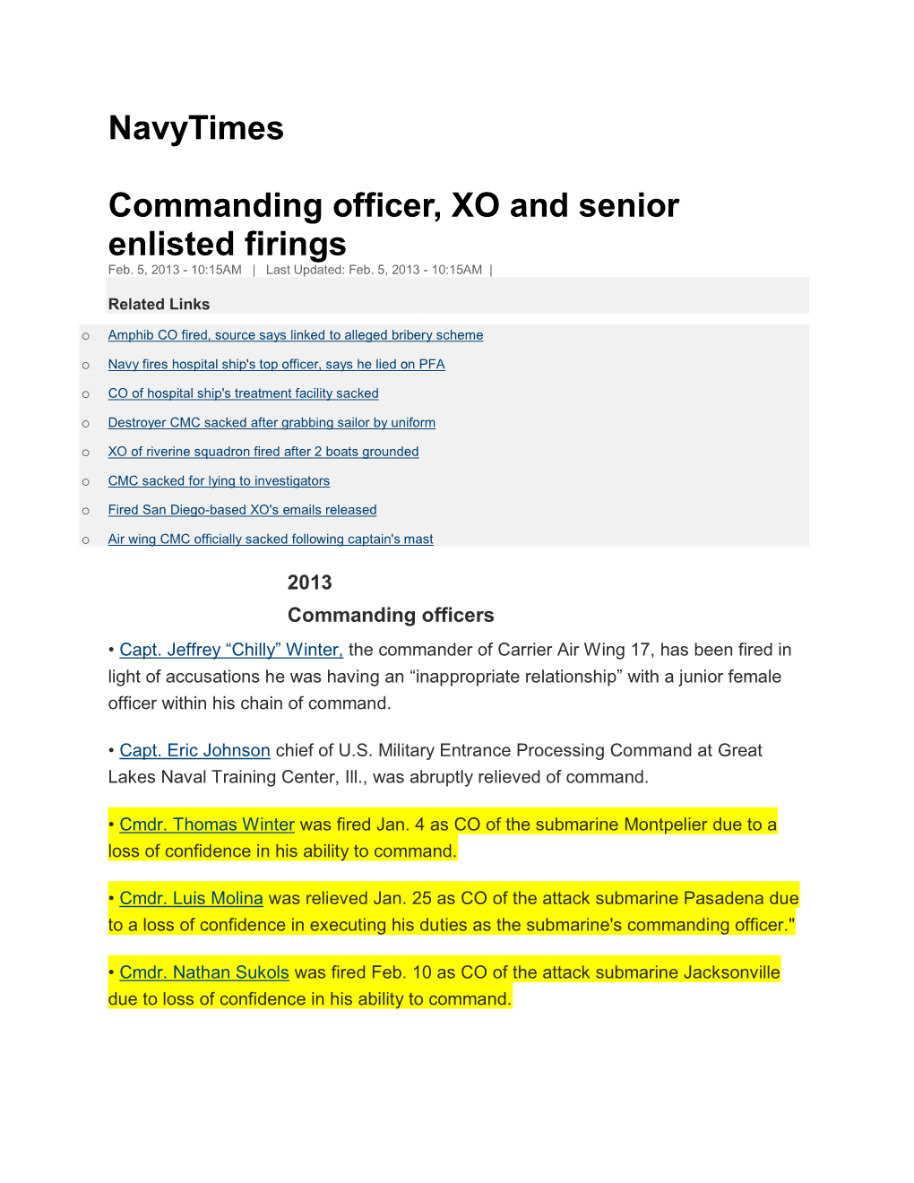 Navytimes Commanding Officer, XO and Senior Enlisted Firings