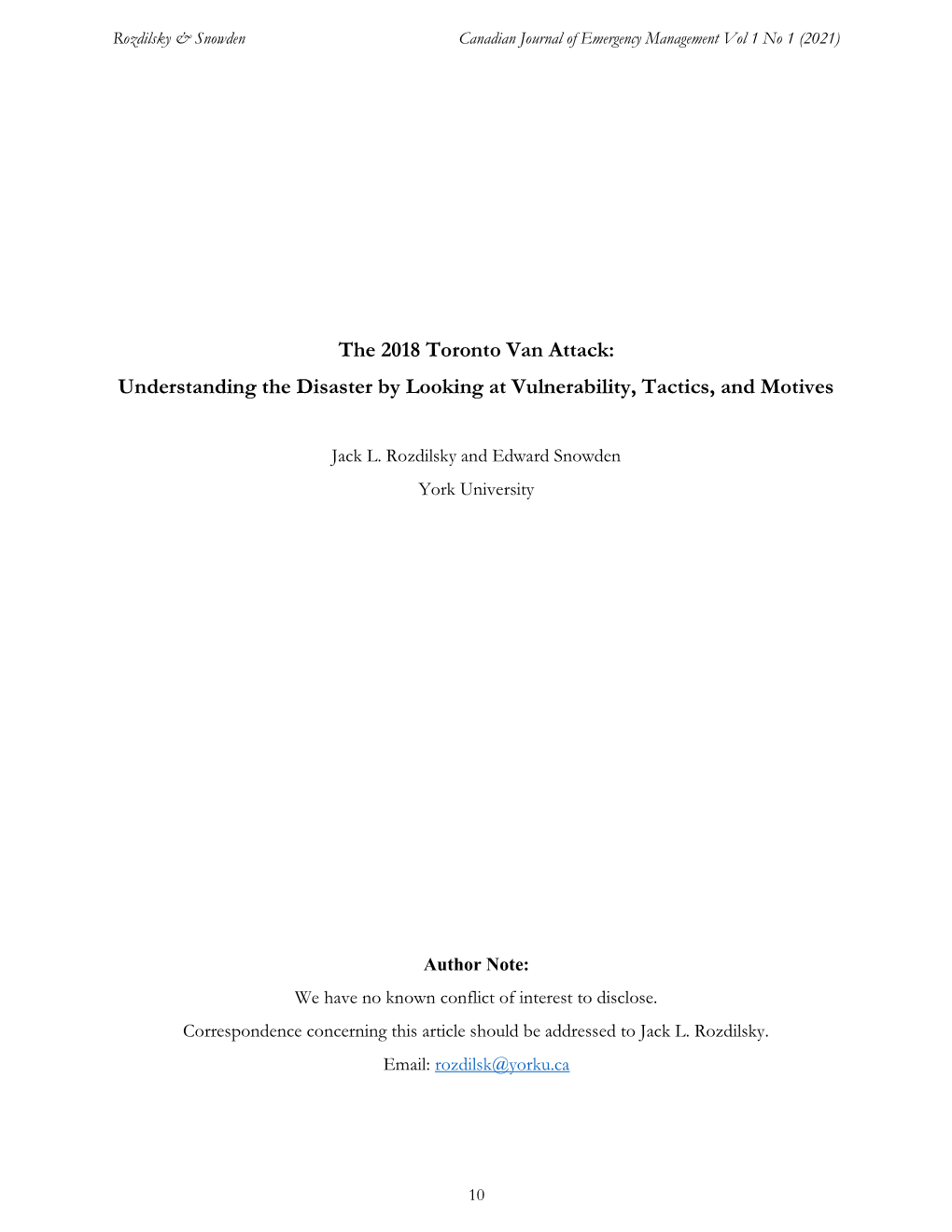 The 2018 Toronto Van Attack: Understanding the Disaster by Looking at Vulnerability, Tactics, and Motives